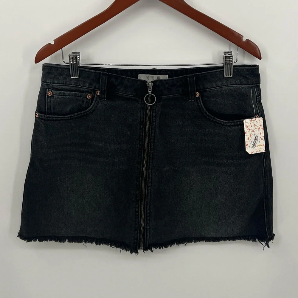 Free People black zip front denim mini skirt